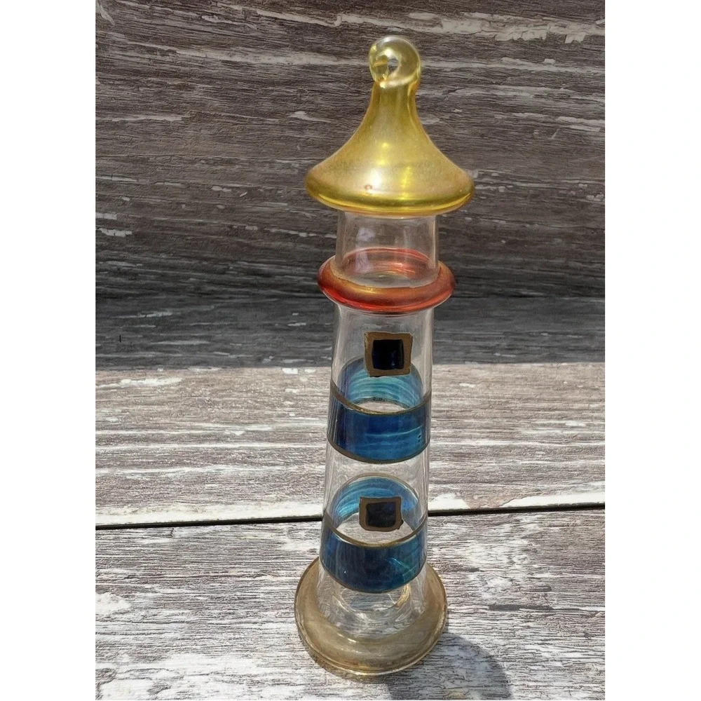 Lighthouse Ornaments Hand Blown‎ Glass Lightweight Set Of 2 Colorful  Maritime